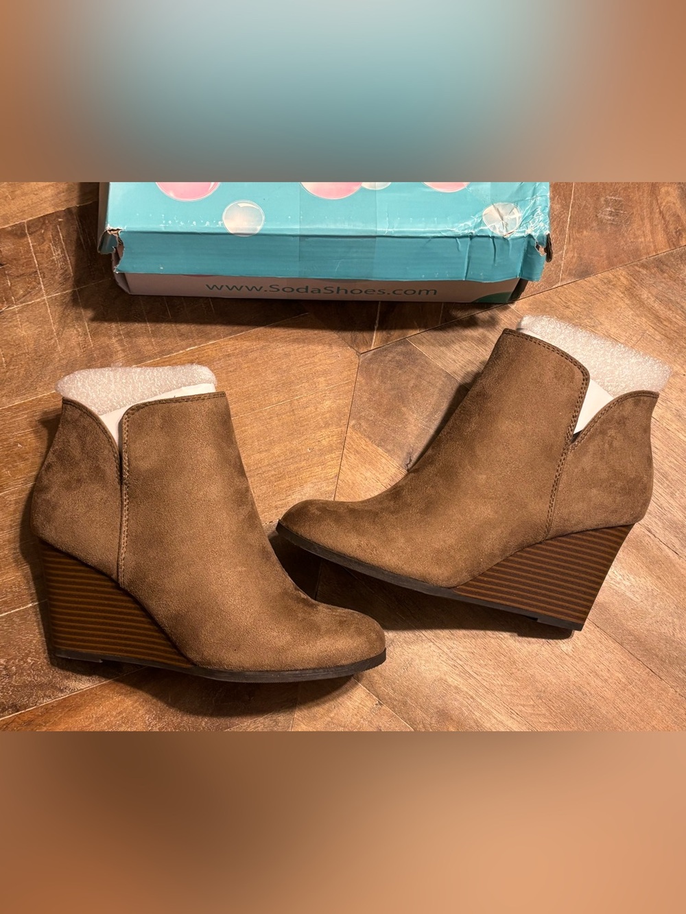 NEW IN BOX by Soda - Brown/Taupe Wedge Ankle Booties with Side Zipper - Picture 9 of 16